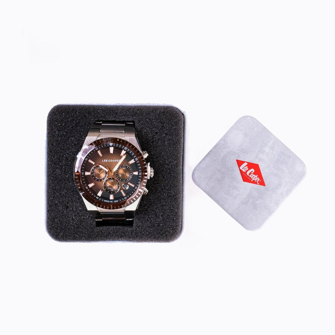 SUL EXTRAS Lee Cooper Urban Artisan watch with brown textured dial and metal bezel in a branded luxury presentation box