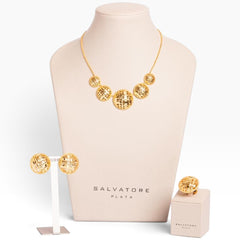 SUL EXTRAS Madras gold-plated stainless steel necklace, earrings, and ring set with intricate woven circular designs.