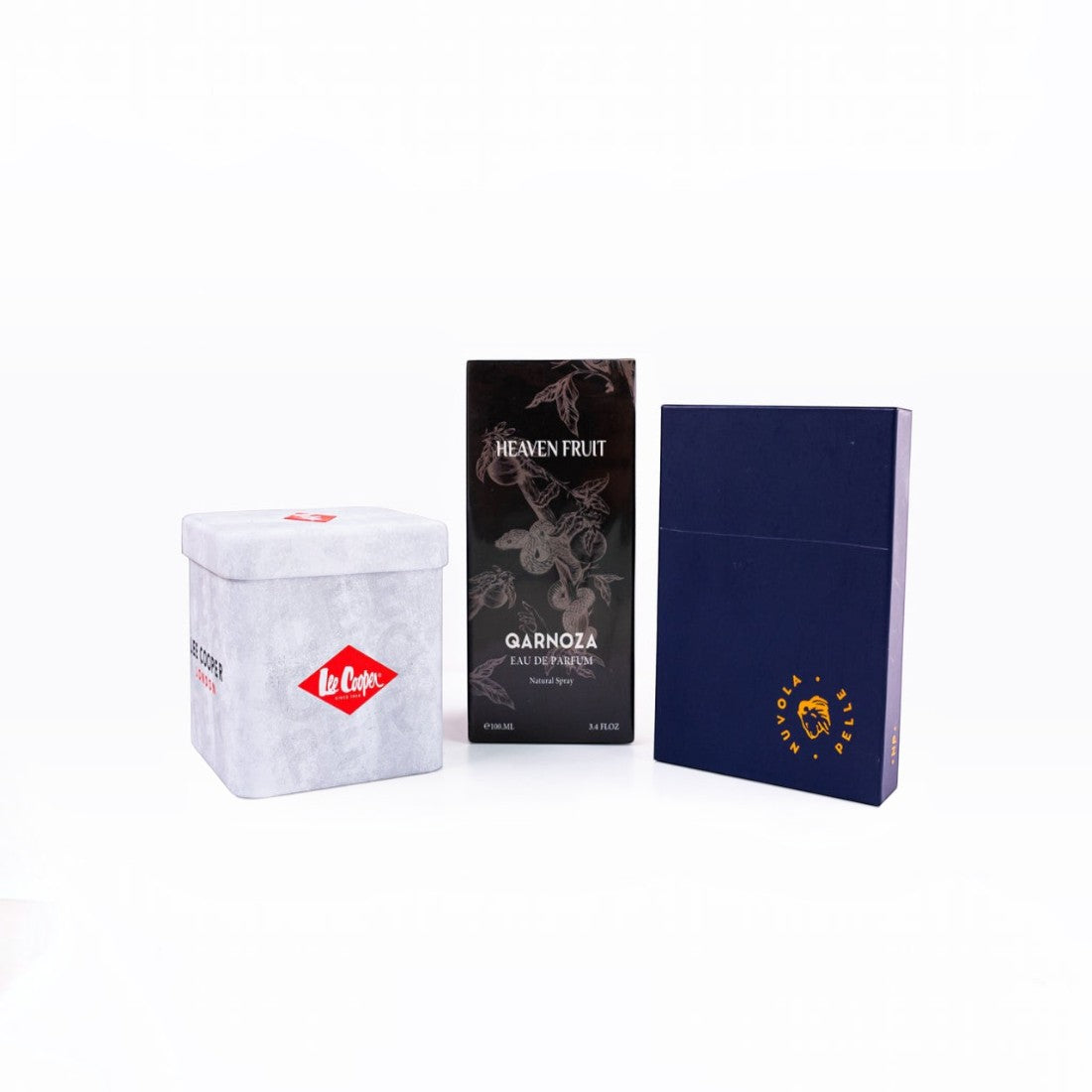 SUL EXTRAS Meridian Trio bundle featuring a Lee Cooper watch box, Qarnoza Heaven Fruit perfume, and Nuvola Pelle wallet.