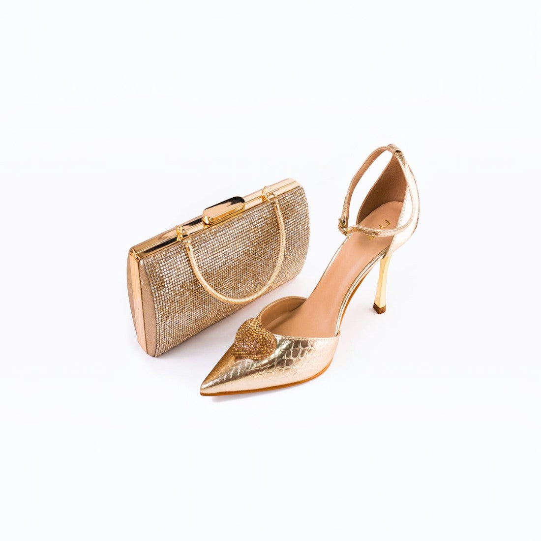 SUL EXTRAS The Evening Gala set featuring metallic reptile-textured D'Orsay heels and a crystal-embellished box clutch.