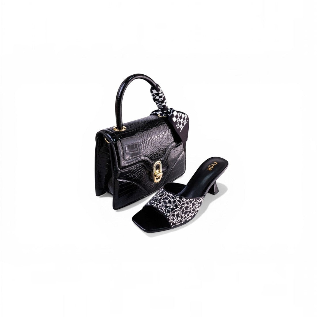 SUL EXTRAS Midnight Set featuring a black crocodile-embossed top-handle bag and crystal-embellished kitten heel sandals
