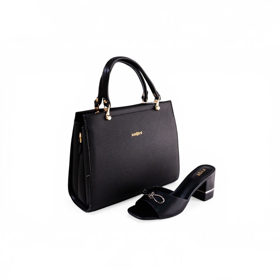 SUL EXTRAS Noir Set featuring a structured black top-handle handbag and matching square-toe block heel sandals.