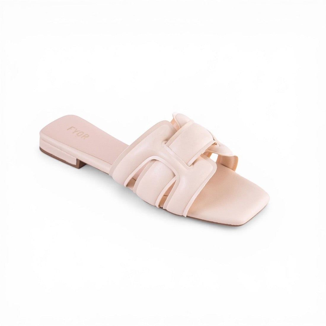 SUL EXTRAS nude lattice flat slide sandals with a square toe design and interwoven strap detail