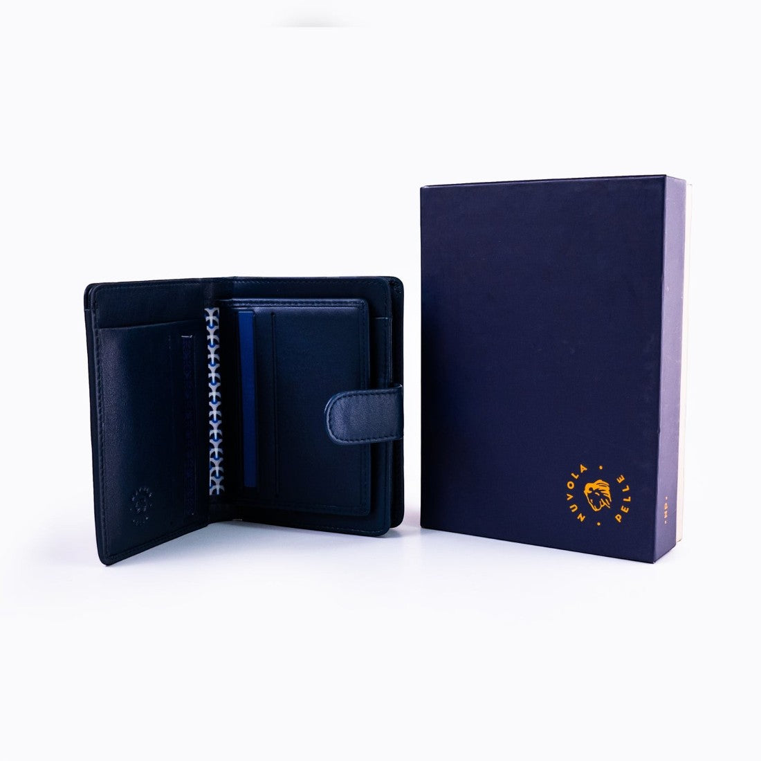 SUL EXTRAS Nuvola Pelle Byron navy blue full-grain Nappa leather vertical bi-fold wallet with its branded gift box
