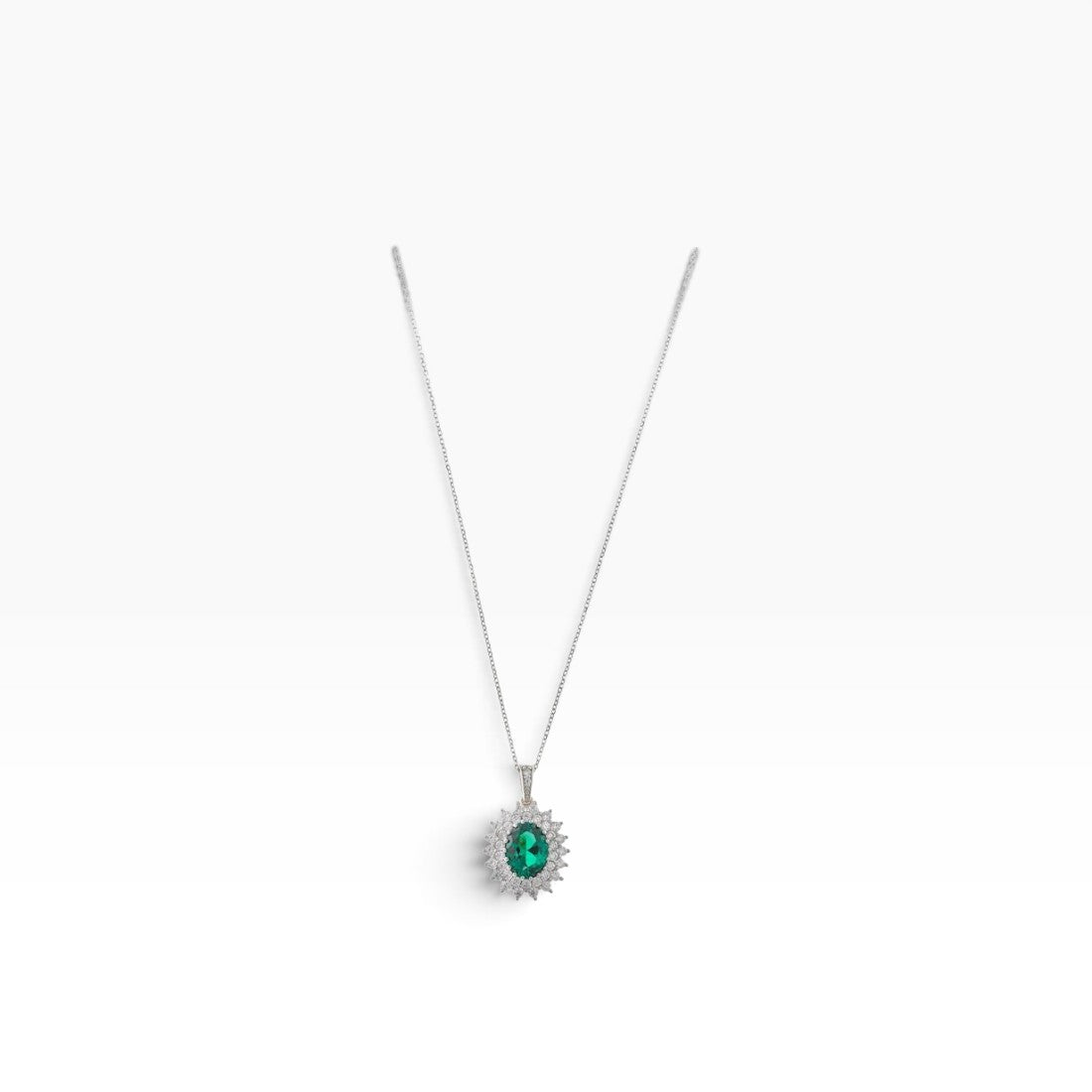SUL EXTRAS oval halo pendant necklace in rhodium-plated sterling silver with a green nano stone and cubic zirconia