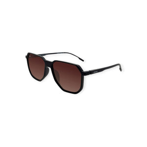 SUL EXTRAS Papetti oversized geometric sunglasses with black frames and brown tinted lenses for UV protection.