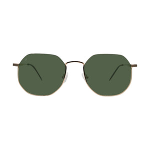 SUL EXTRAS Parade sunglasses featuring oversized geometric round frames in gold metal with dark green UV lenses.