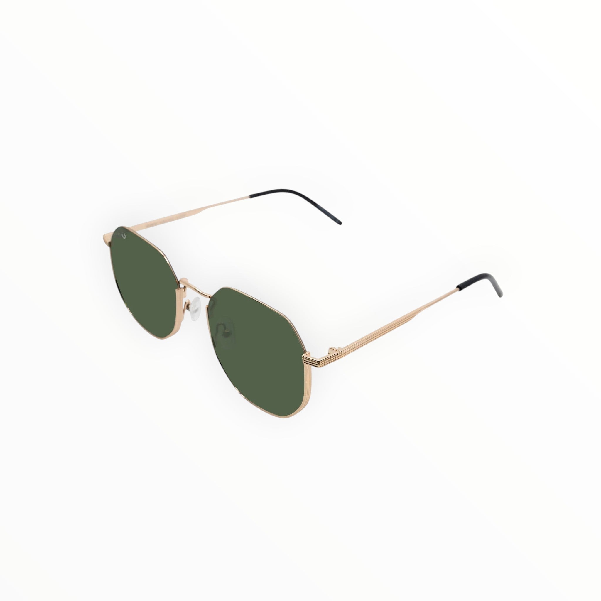 SUL EXTRAS Parade sunglasses featuring gold geometric round frames and dark green lenses on a white background