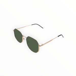 SUL EXTRAS Parade sunglasses featuring gold geometric round frames and dark green lenses on a white background