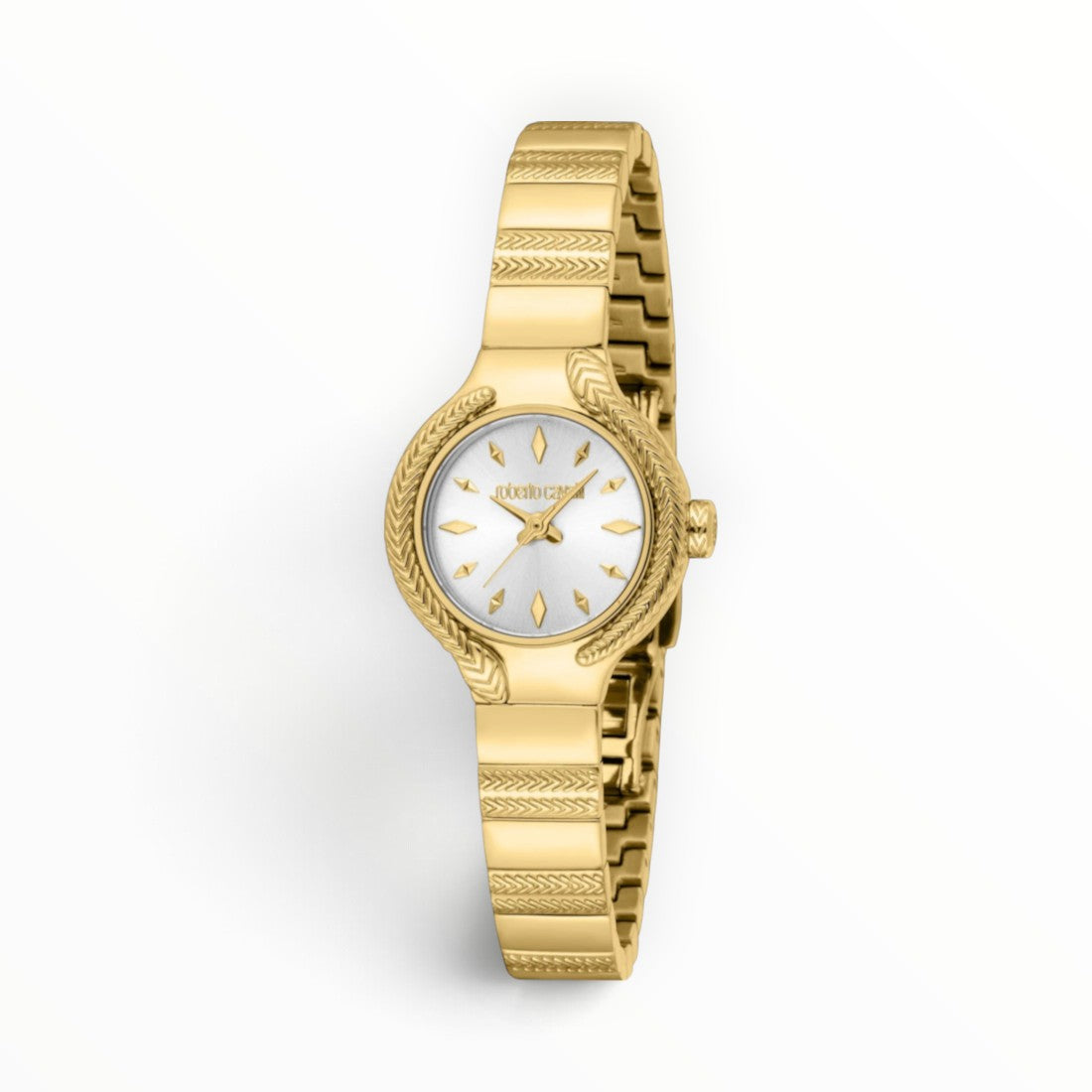 SUL EXTRAS Roberto Cavalli Lady watch with gold feather-bezel, white mother-of-pearl dial, and herringbone bracelet.
