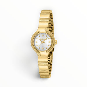 SUL EXTRAS Roberto Cavalli Lady watch with gold feather-bezel, white mother-of-pearl dial, and herringbone bracelet.