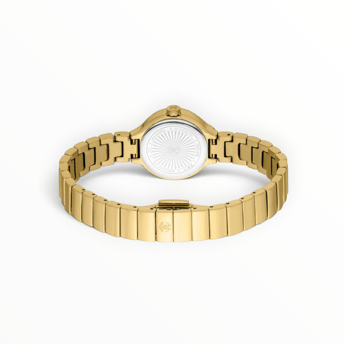 SUL EXTRAS Roberto Cavalli women's watch showing the gold caseback with sunburst engraving and deployant clasp