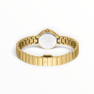 SUL EXTRAS Roberto Cavalli women's watch showing the gold caseback with sunburst engraving and deployant clasp