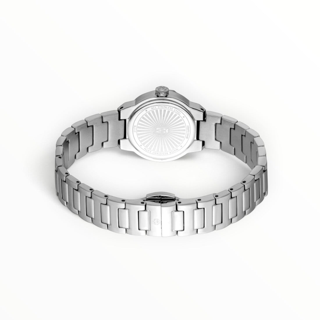 SUL EXTRAS Roberto Cavalli Lady watch back view showing stainless steel case with sunburst engraving and bracelet