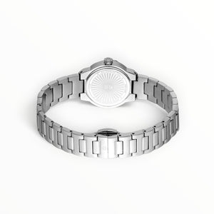 SUL EXTRAS Roberto Cavalli Lady watch back view showing stainless steel case with sunburst engraving and bracelet