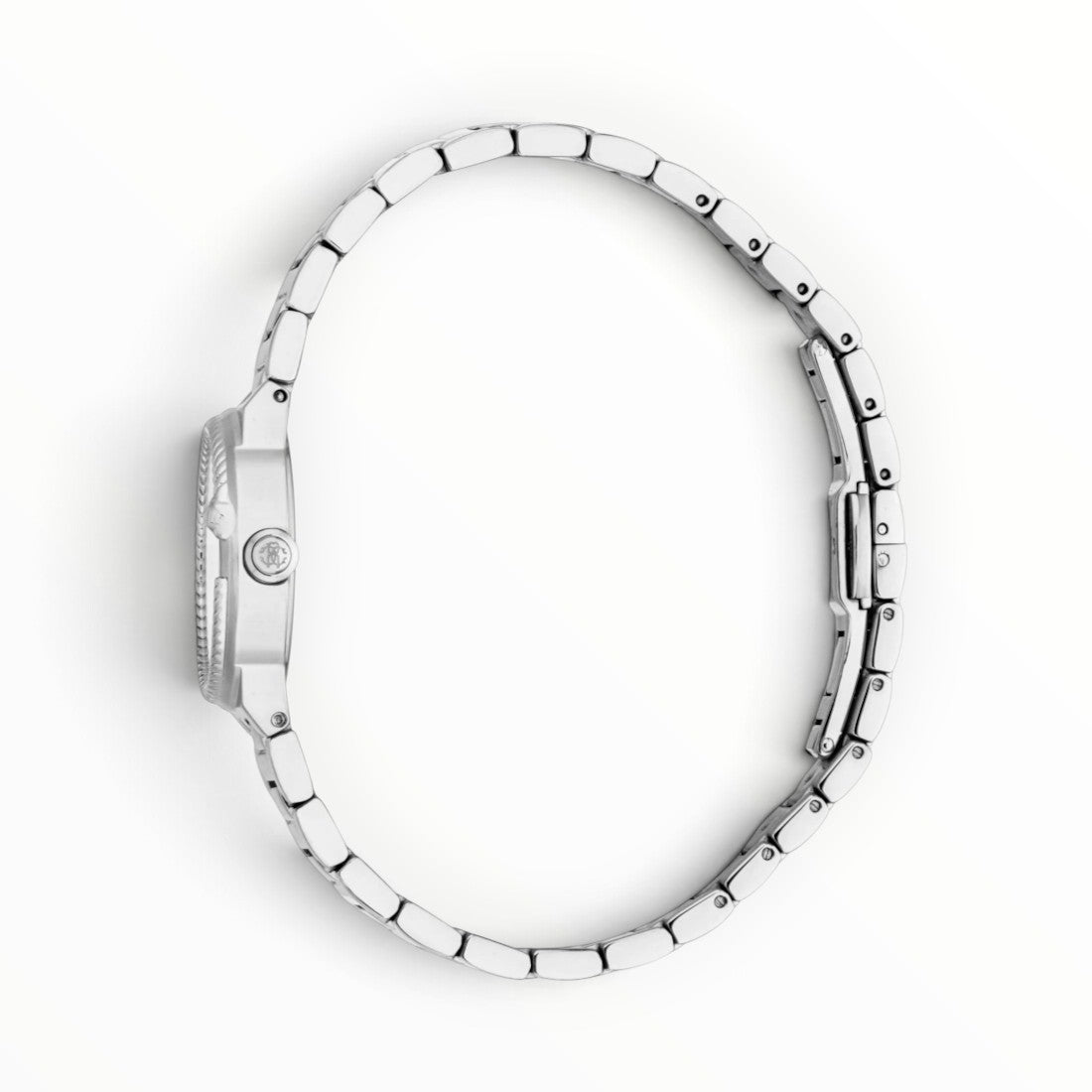 SUL EXTRAS Roberto Cavalli Lady watch side view showing the braided rope bezel, crystal-set crown, and steel bracelet.