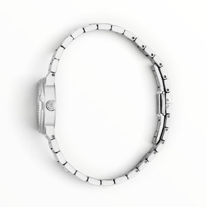 SUL EXTRAS Roberto Cavalli Lady watch side view showing the braided rope bezel, crystal-set crown, and steel bracelet.
