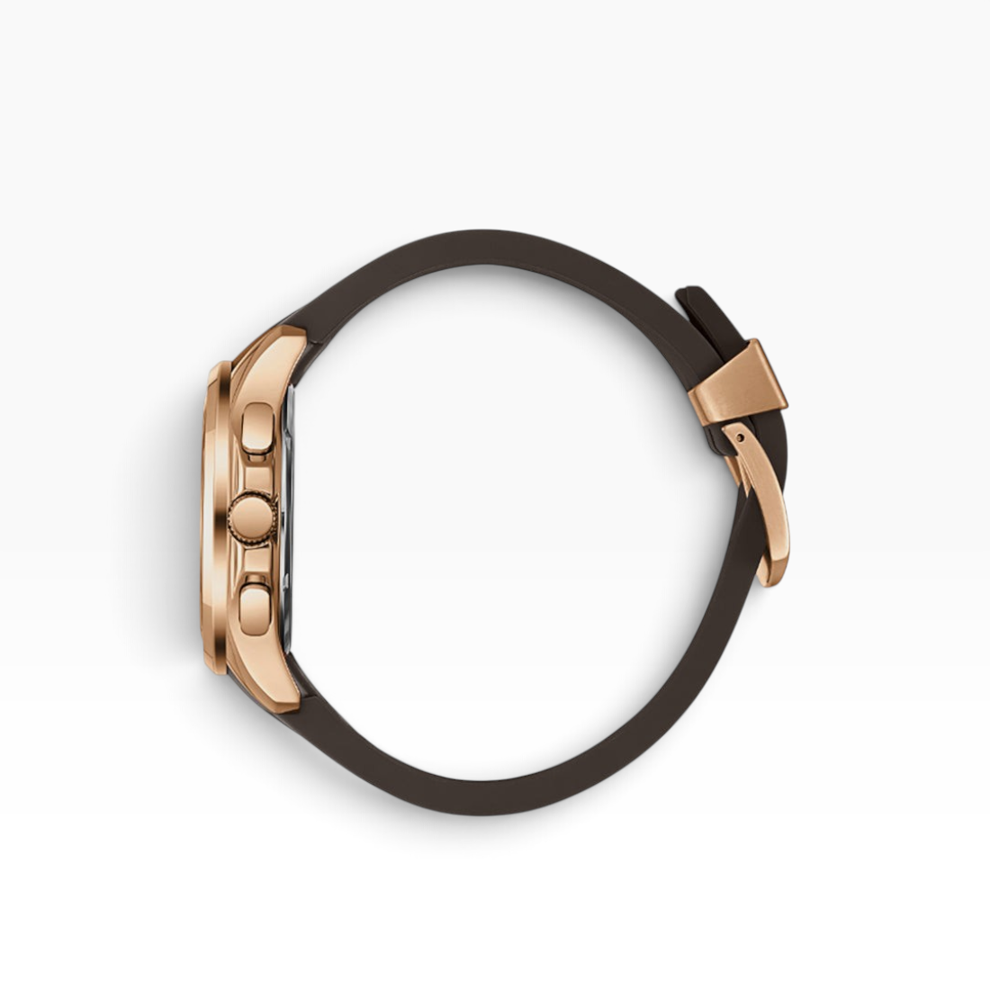 Side view of SUL EXTRAS Beverly Hills Polo Club watch featuring a rose gold cushion case and espresso brown rubber strap.