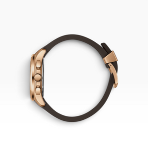Side view of SUL EXTRAS Beverly Hills Polo Club watch featuring a rose gold cushion case and espresso brown rubber strap.