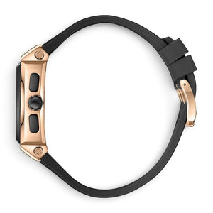 SUL EXTRAS Beverly Hills Polo Club tonneau watch with rose gold case, black silicone strap, and side crown view.