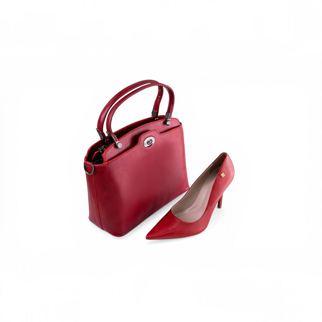 SUL EXTRAS Scarlet Duo set featuring a glossy red bifold handbag and matching pointed-toe stiletto pumps.