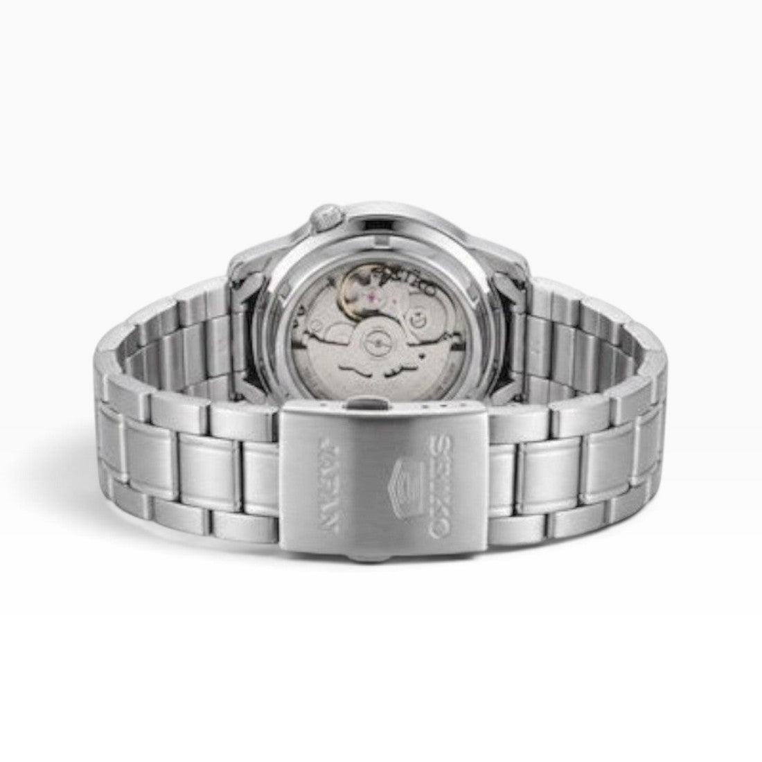 SUL EXTRAS Seiko 5 SNKL41J1 watch showing the exhibition caseback and stainless steel bracelet with deployment clasp
