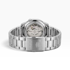 SUL EXTRAS Seiko 5 SNKL41J1 watch showing the exhibition caseback and stainless steel bracelet with deployment clasp