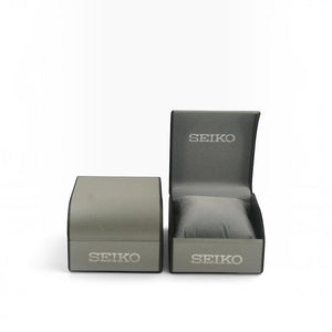 SUL EXTRAS Seiko grey luxury watch gift box with open lid and watch cushion on a white background