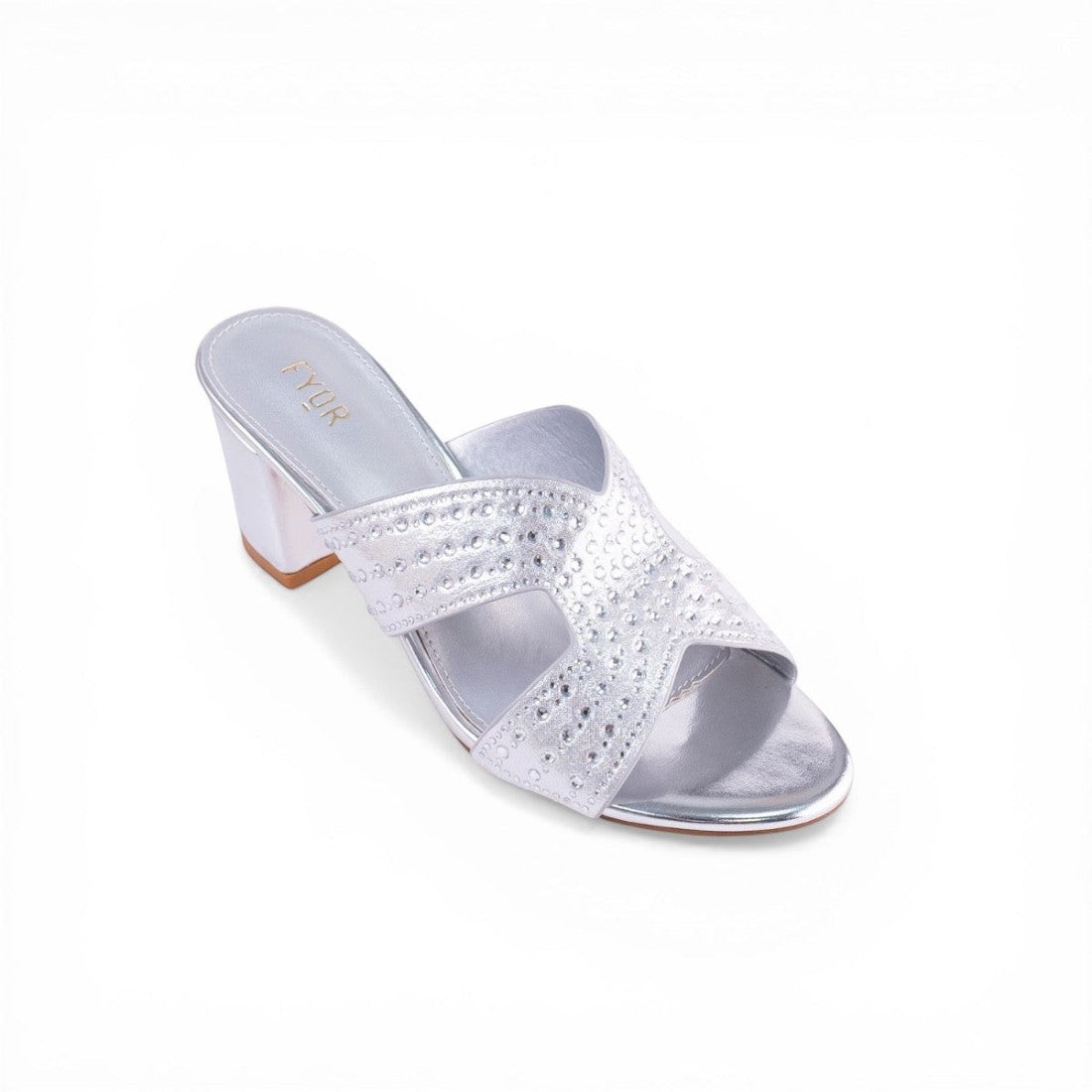 SUL EXTRAS silver FYOR block heels featuring crystal-embellished straps for a glamorous formal look.