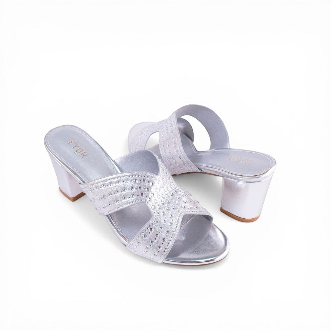 SUL EXTRAS Sterling Set featuring silver FYOR block heels with crystal-embellished straps for formal occasions