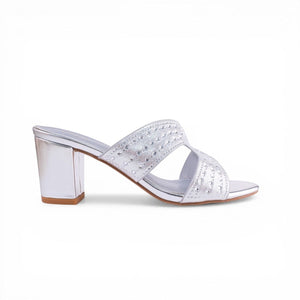 SUL EXTRAS Sterling Set silver metallic block heel sandals with crystal embellishments for formal events
