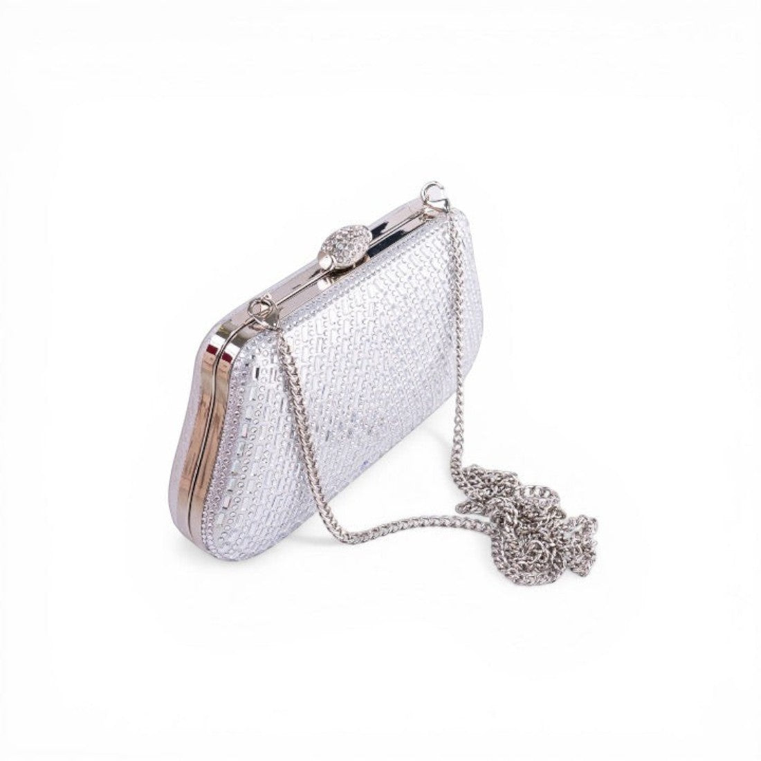 SUL EXTRAS silver crystal-encrusted box clutch with a detachable chain strap and ornate rhinestone clasp