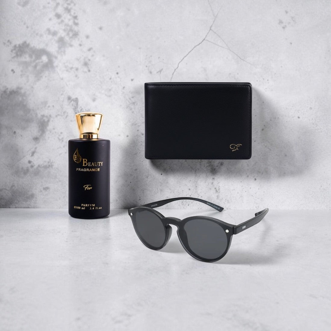 SUL EXTRAS Sovereign Trio bundle featuring Ayat For perfume, Golden Frog black leather wallet, and polarized sunglasses.