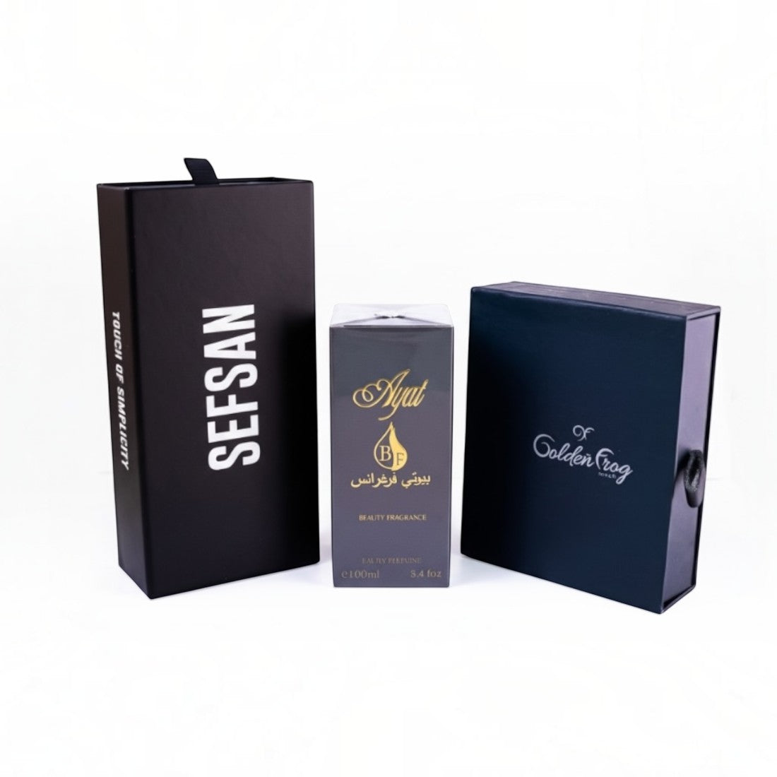 SUL EXTRAS The Sovereign Trio bundle featuring SEFSAN sunglasses box, Ayat For perfume, and Golden Frog wallet box.