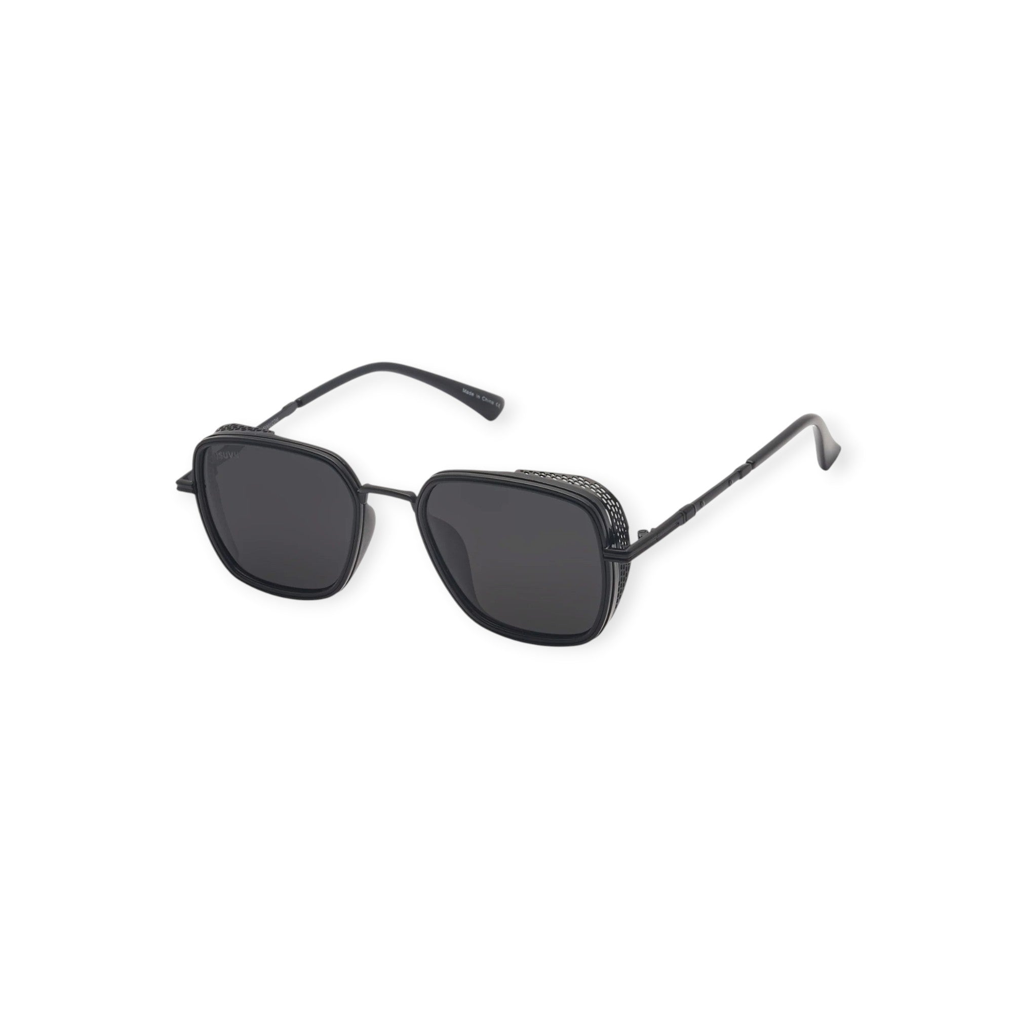 SUL EXTRAS Spark polarized sunglasses with black square frames, metal side shields, and scratch-resistant lenses.