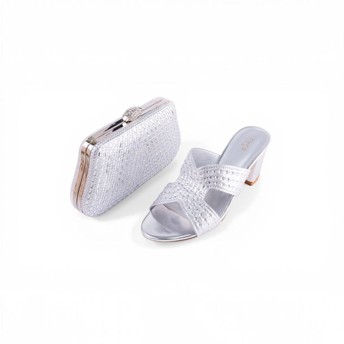 SUL EXTRAS Sterling Set featuring a silver crystal-encrusted box clutch and matching embellished block heel sandals.