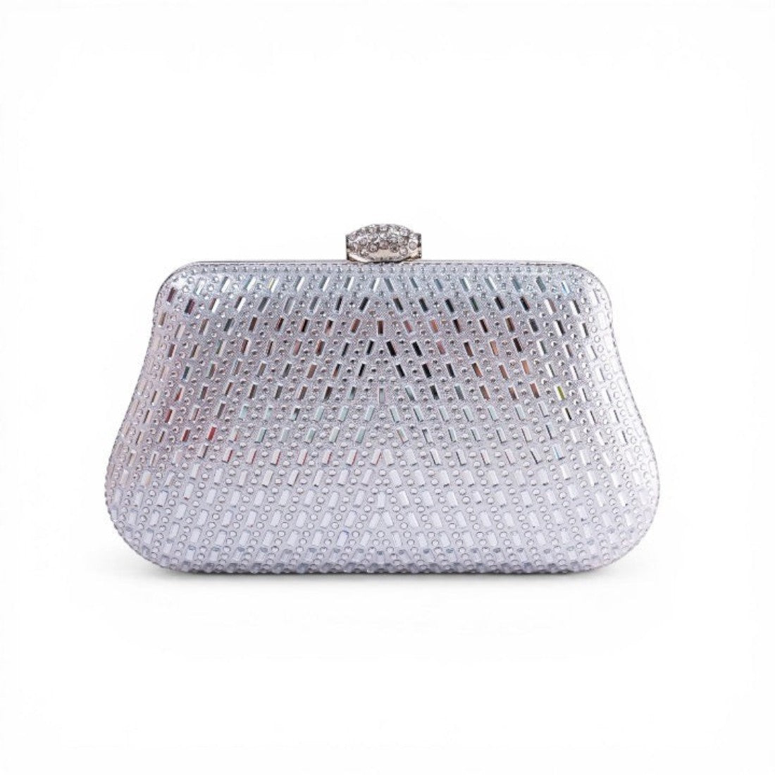 SUL EXTRAS Sterling Set silver crystal-encrusted box clutch with a decorative rhinestone clasp for formal events.