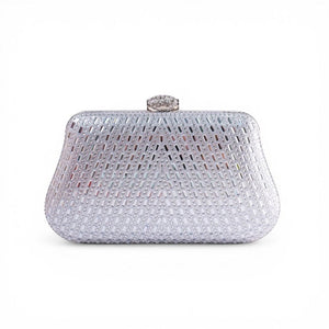 SUL EXTRAS Sterling Set silver crystal-encrusted box clutch with a decorative rhinestone clasp for formal events.