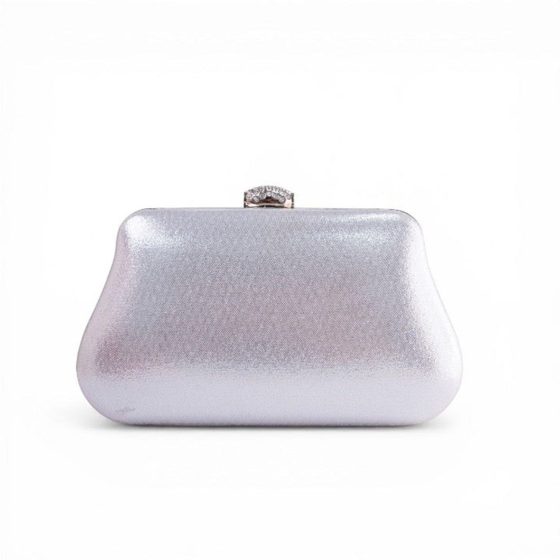 SUL EXTRAS Sterling Set silver metallic box clutch with a crystal-embellished clasp for formal evening wear.