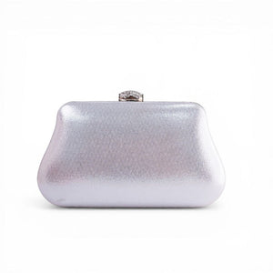 SUL EXTRAS Sterling Set silver metallic box clutch with a crystal-embellished clasp for formal evening wear.