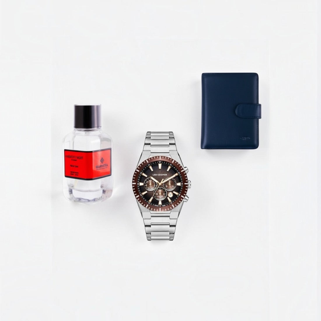 SUL EXTRAS Terra Nova Trio bundle featuring a Lee Cooper watch, navy blue Nuvola Pelle wallet, and Qarnoza perfume.
