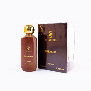 SUL EXTRAS Tobacco Parfum 100ml bottle with gold cap next to its brown branded packaging box