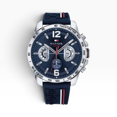 SUL EXTRAS Tommy Hilfiger men's multifunction watch with navy blue silicone strap, tachymeter bezel, and silver case.