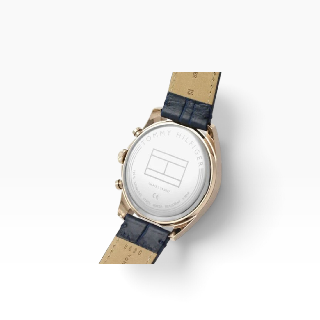SUL EXTRAS Tommy Hilfiger men's watch caseback in rose gold with a navy blue crocodile-embossed leather strap