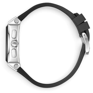 SUL EXTRAS Beverly Hills Polo Club tonneau watch side view with silver stainless steel case and black silicone strap
