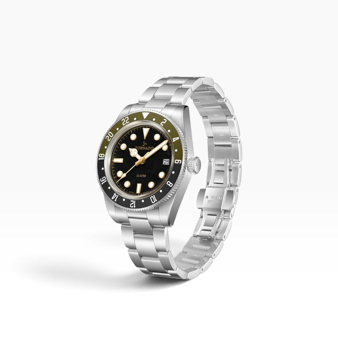 SUL EXTRAS Tornado Lumina Date watch with matte black dial, olive and black GMT bezel, and brushed stainless steel band.