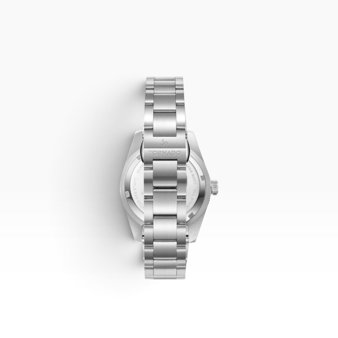 SUL EXTRAS Tornado Lumina Date watch showing the brushed stainless steel oyster bracelet and butterfly clasp back view