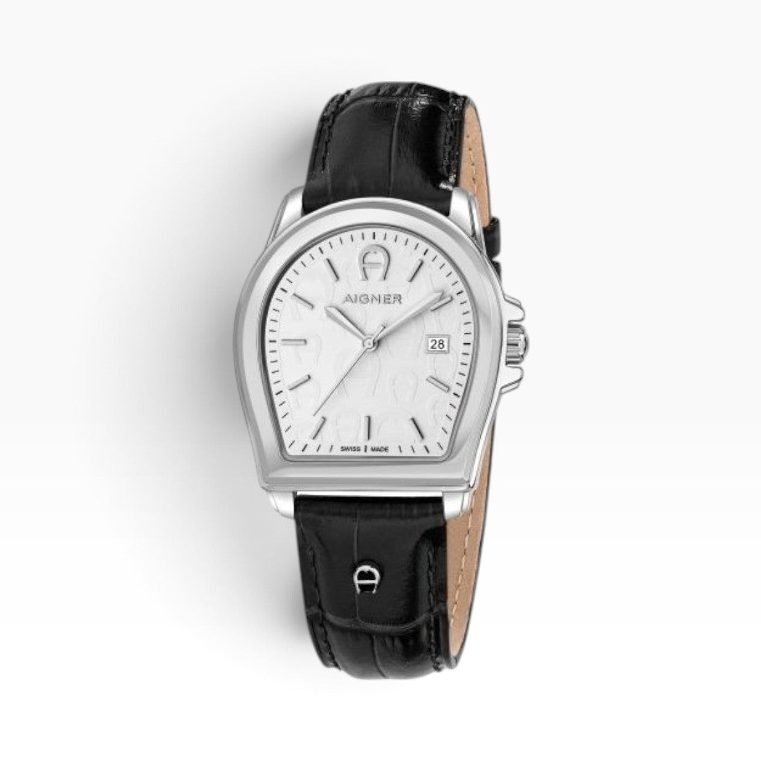 Aigner Verona | White Logo-Print Silver Watch with Black Leather Strap — 37×44mm