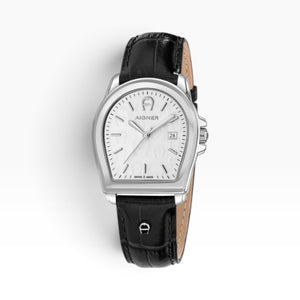 Aigner Verona | White Logo-Print Silver Watch with Black Leather Strap — 37×44mm