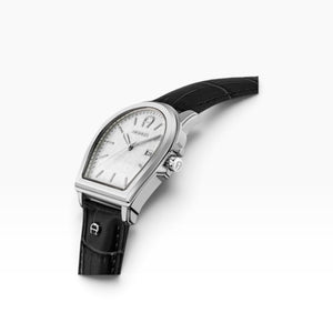 Aigner Verona | White Logo-Print Silver Watch with Black Leather Strap — 37×44mm